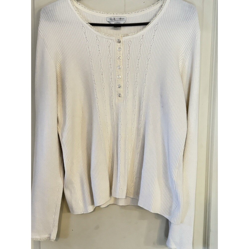 Y2K White Long Sleeve Ribbed Henley Top Women’s Medium Grunge Layer XL Stretch
